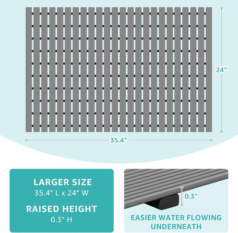 OTHWAY Large Shower Mat, 35.4 x 24 Inch No Suction Cup Shower Mat Non Slip, Quick Drain Large Non Slip Shower Mats for Inside Shower, Heavy Duty Curlable PVC Shower Floor Mat, Dark Grey - Image 2